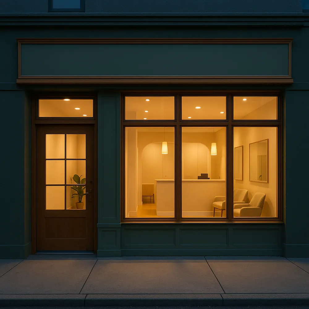 Calm, ready dental treatment room with overhead exam light on