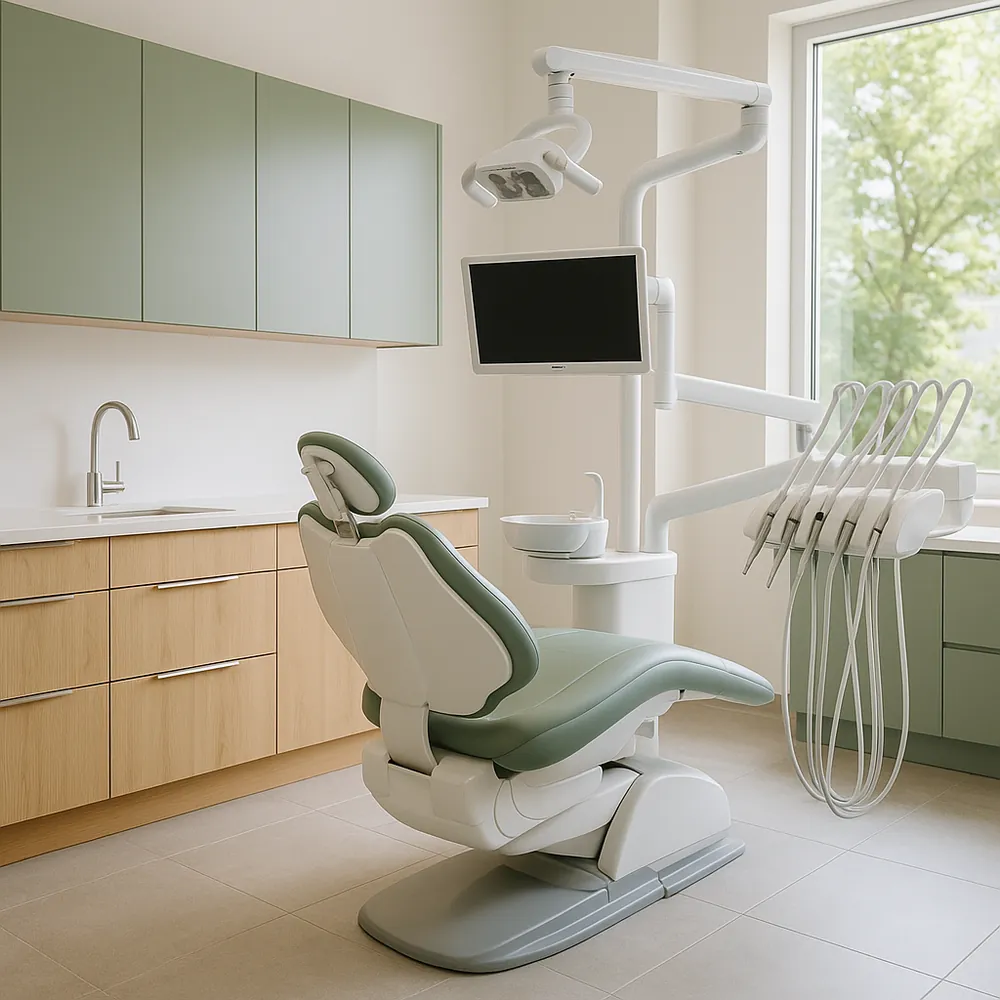 Tidy modern dental treatment room set up for a family checkup
