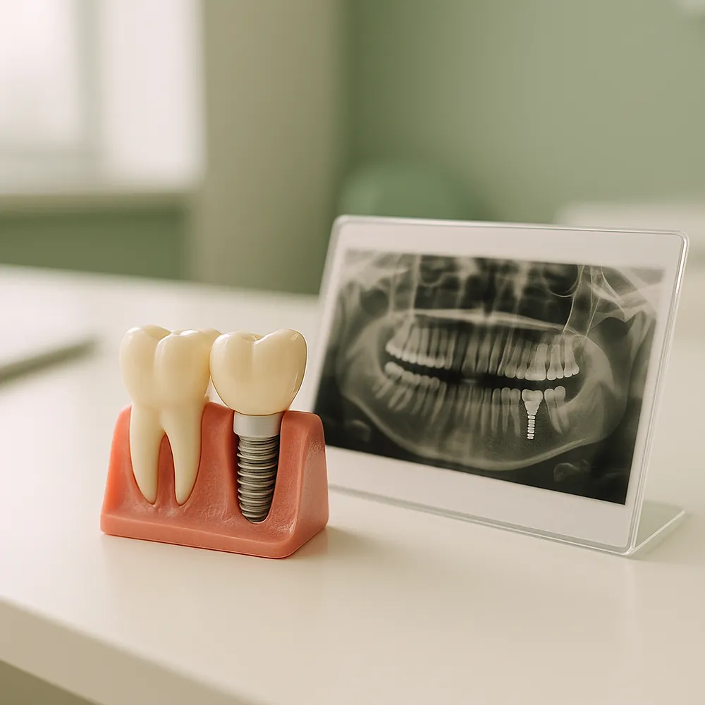 Dental implant model and panoramic x-ray lightbox on a clean counter