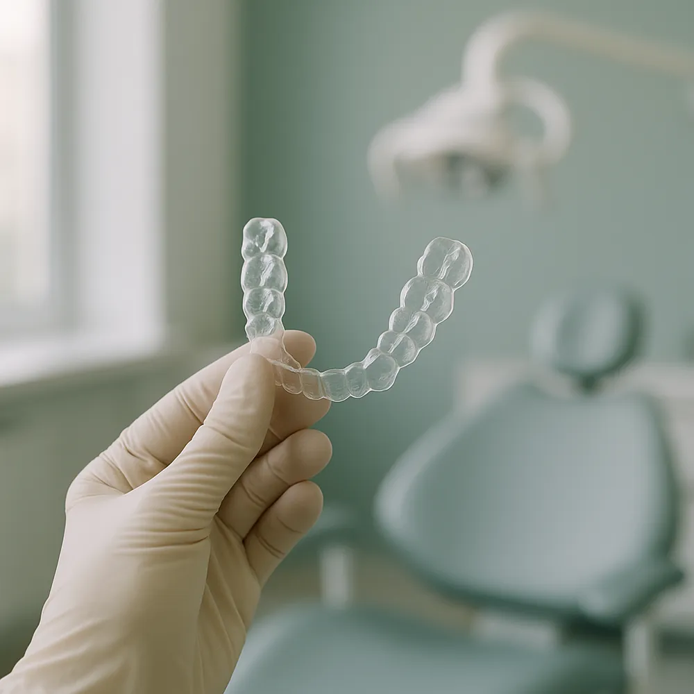 Clear orthodontic aligner tray in a clean dental office